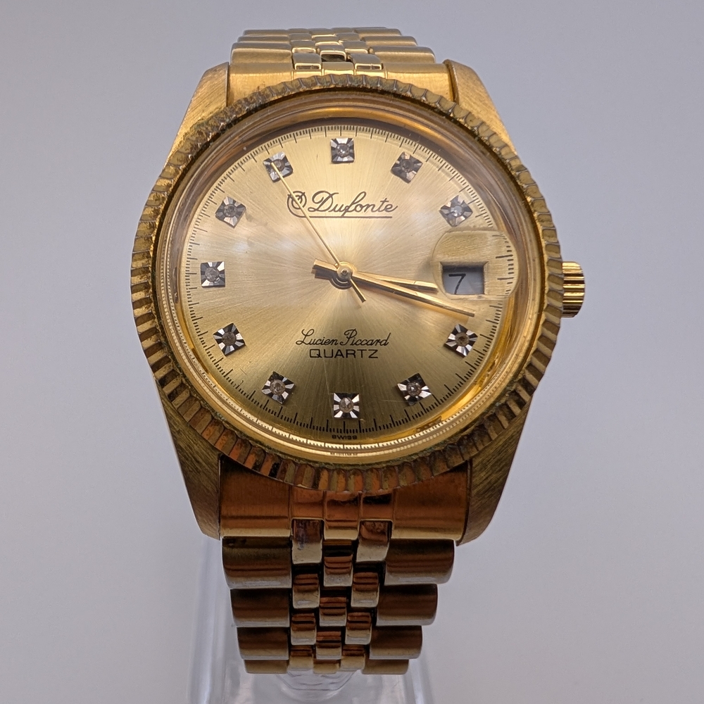 Dufonte by Lucien Piccard Gold Tone Quartz Watch Diamond Markers